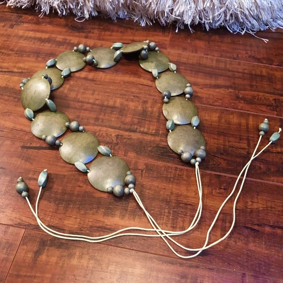 Vintage BoHo Hippie Festival CHIC Green Wooden Beaded Disc Sache Tie Bel…